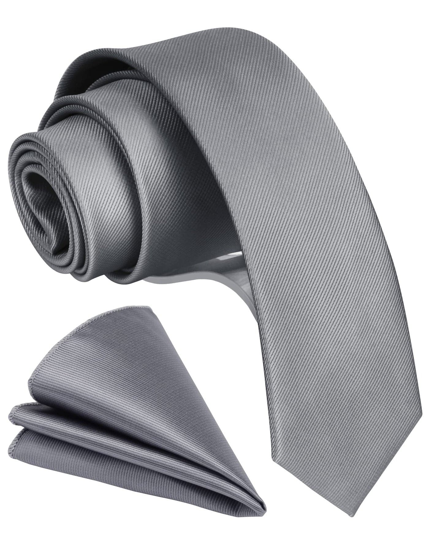 GUSLESON 2.4" Solid Silver Tie For Men Dark Gray Slim Skinny Necktie and Pocket Square Set (0754-05)