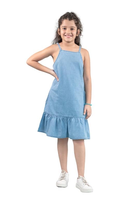 Tweeny Mini Girls Kids Pinafore Dress Denim, Corduroy Cotton Winter Summer Premium Dresses with Pockets (Without T-Shirt)(Light Blue, 13-14 Y)