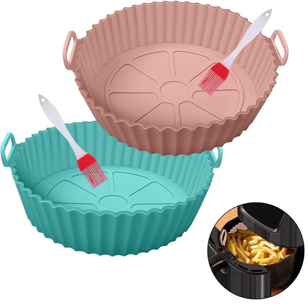 COOLCOLD Air Fryer Liner 2pc Round Silicone Basket Baking Tray I Pot with Ear Handles 8in Bottom Fit 42QT Nonstick Reusable Heat Resistant I Cooking Oven Insert AccessoriesPinkBlue