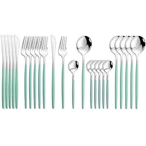 JASHII Flatware Serving Set 24 Piece, Stainless Steel Silverware Set, Mint Green Silver Cutlery Set, Modern Elegant Tableware Set for Party, Christmas, Dinner (Mint Green Silver)