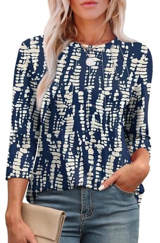 XIEERDUO Tunic Tops for Women Loose Fit Dressy Crewneck Pleated 3/4 Length Sleeve Blouses Business Casual Navy Blue L