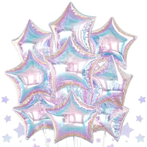 10PCS Iridescent Laser Star Foil Balloons Transparent Laser Foil Stars Shape Balloons 18 Inch Colorful Stars Balloon Aluminum for Helium for Birthday Baby Shower Wedding Party Decoration