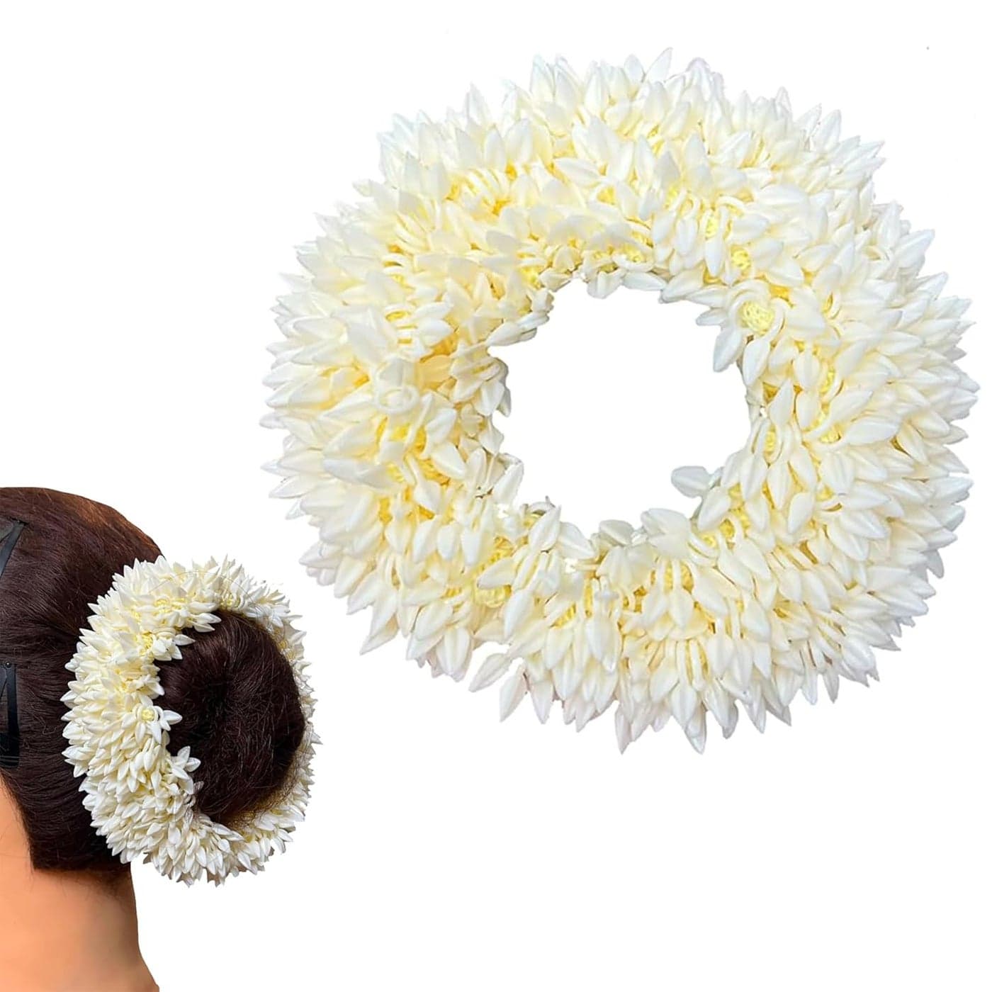 Curated Cart Mogra Artificial Gajra for Hair - Traditional Indian Bun & Braid Accessory, Scented Jasmine Flowers for Women, Bridal Wedding Scrunchie, White Floral Veni for Pooja, Festivals - 1 PCS