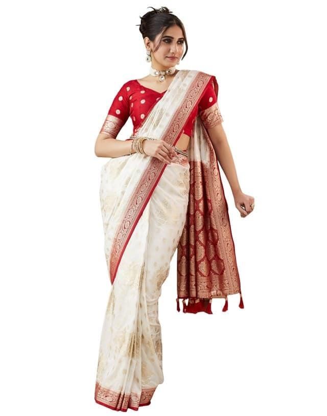 SIRIL Women's Banarasi Silk Saree Jacquard Weaving Sari With Unstitched Blouse Piece (4090S351_White)
