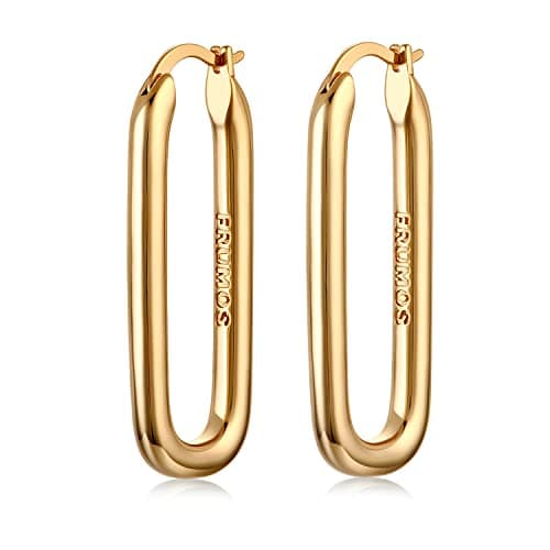 FRUMOS 18K Gold Plated Chunky Hoop Earrings for Women Fashion Thick Gold Hoops Earrings Set Jewelry for Birthday Christmas Gifts( Thick oval hoop)
