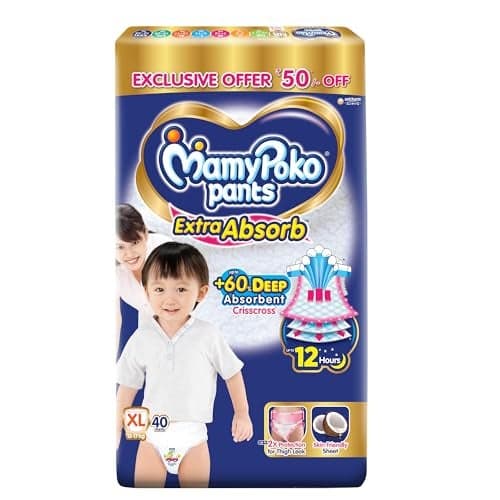 MamyPoko Pants Extra Absorb Baby Diapers, Extra Large (XL Size) | 12-17 kg | 40 Count |Deep Sleep Diapers| Soft Gentle fit |Deep Absorbent Crisscross | Skin Friendly with Coconut Oil |