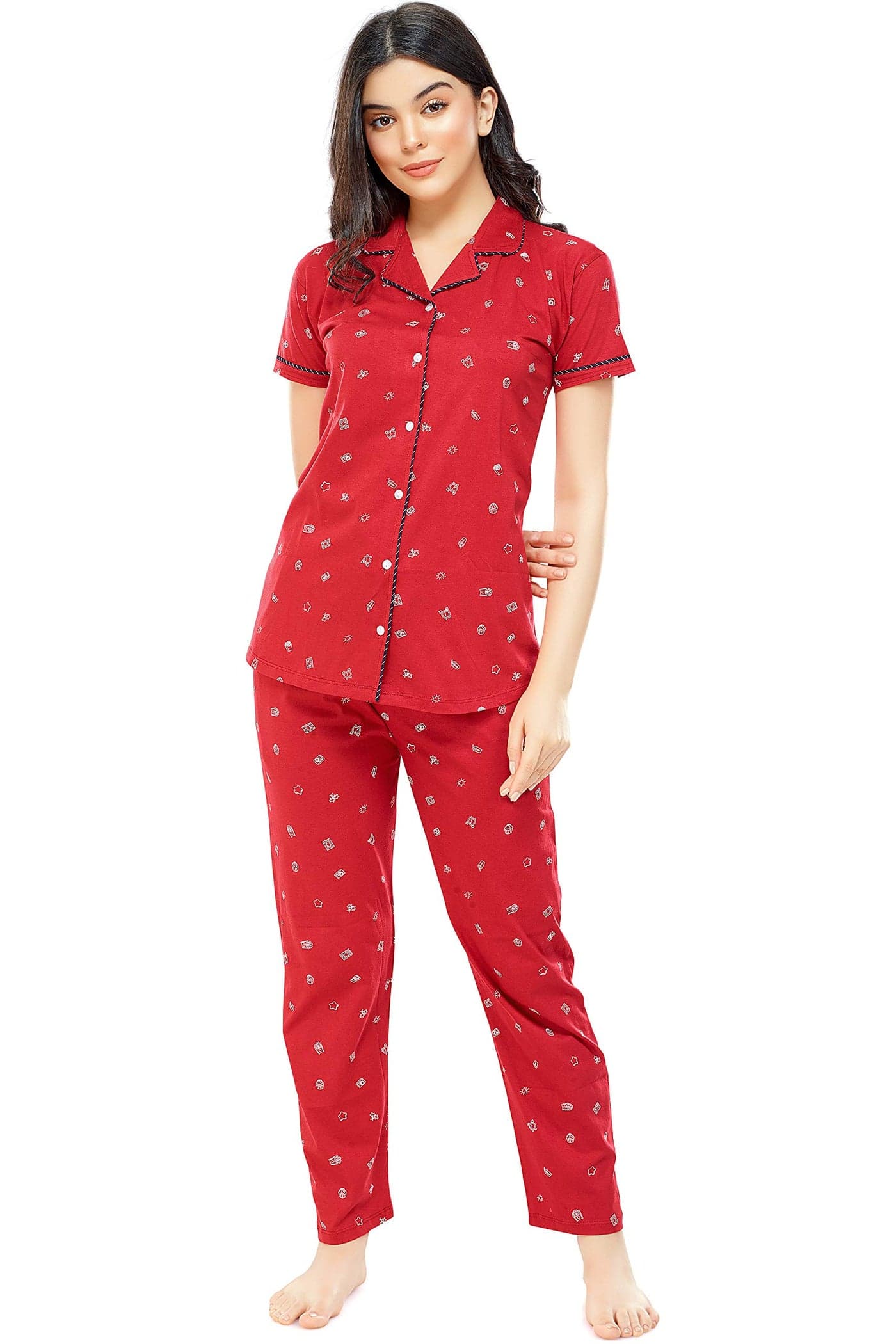 ZEYO Women's Cotton Printed Red Night Suit set of Shirt & Pyjama 5262
