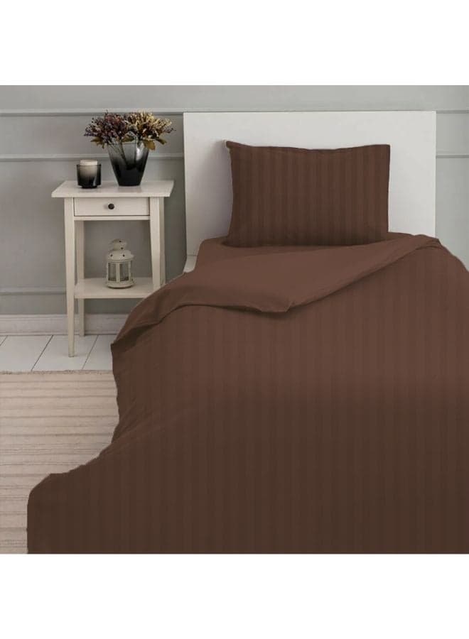 Tulip (Dark Brown) Single Size Flat Sheet,Duvet cover and Pillow Covers with 1 cm Satin Stripe (Set of 4 Pcs) 100% Cotton, Soft and Luxurious Hotel Quality Bed linen-300 TC