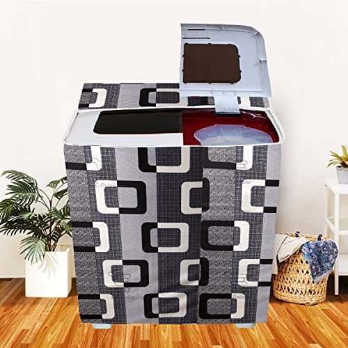 E-Retailer® Polyester Semi Automatic Washing Machine Cover With Zip Enclosure Suitable For 5kg to 8kg (Color-Geometric Black, Size-33x22x37 Inches)