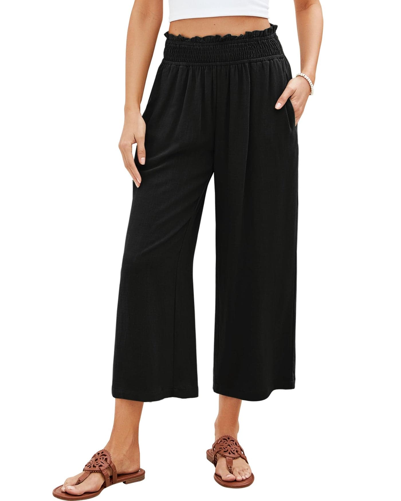 GRAPENT Capri Pants for Women High Waisted Wide Leg Linen Palazzo Trousers High Rise Pull On Elastic Smock Waist Loose Flowy Pants Black Size X-Large Size 16-18