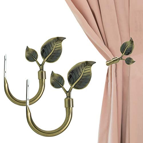 HIKMLK Leaf Shaped Curtain Holdbacks 2pcs, Handmade Metal Curtain Side Holders for Wall, Curtain Tieback Hook Pull Backs for Drapes Window Home Decoration (Antique Brass)