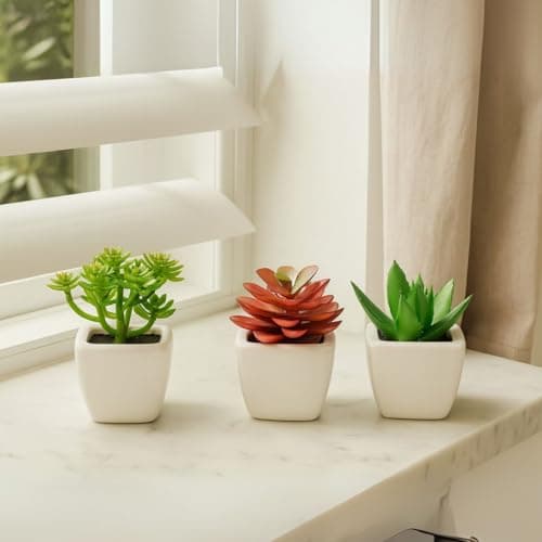 SATYAM KRAFT 3 Pcs Mini Artificial Flower with Ceramic Pot| Artificial Plants with Pot| Small Succulent for Home Decor, Office, Living Room, Kitchen, Bedroom, Wedding Decorations (8 cm)