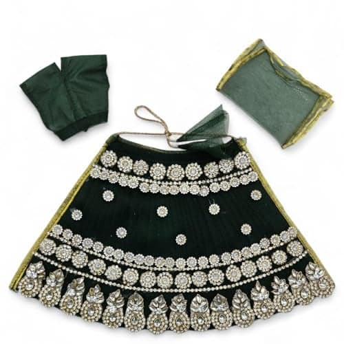 Vrindavanstore.in 2nd Day Brahmacharini Devi Poshak Navratri Special Green MATA Rani Dress | Designer Stone Work Outfit for 8 Inch Idol | Festival Outfit with 5.5 Inch Lehenga, Dupatta & 3 Inch Choli