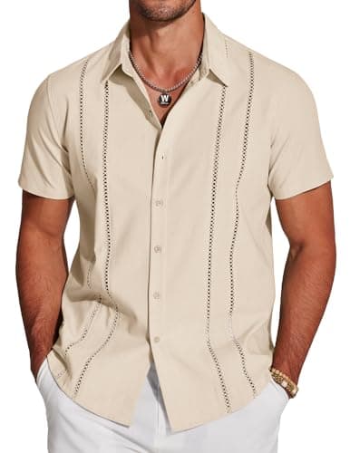 COOFANDY Cuban Button Down Shirts for Men Short Sleeve Button Up Shirt Summer Beach Shirts Beige