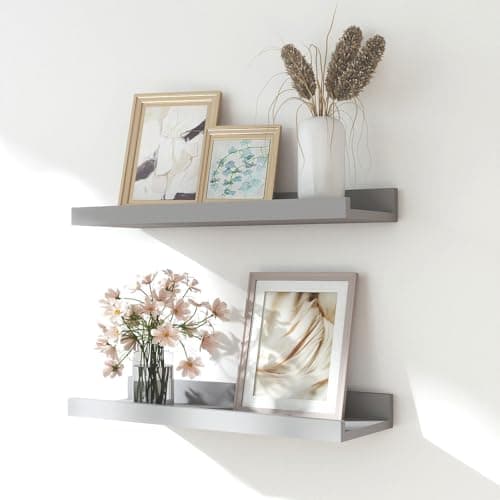 Solrot Floating Shelves for Wall Decor, Wall Mounted Wood Storage Shelf for Bedroom, Living Room, Bathroom, Kitchen, Nursery, Display Picture Ledge Shelf with Lip Set of 2-14 Inches, Grey
