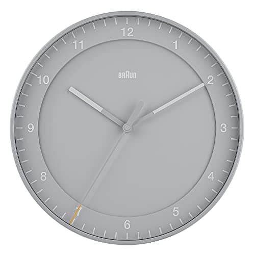 Braun Classic Large Analogue Wall Clock with Silent Sweep Movement, Easy to Read, 30cm Diameter in Grey, Model BC17G.