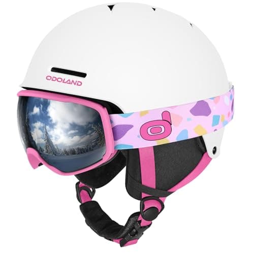 Odoland Kids Ski Helmet, Snow Helmet with Ski Goggles for Boys and Girls, Safety Youth Snowboard Sports Helmets and Goggles Set for Children Ages 6-14, White Rose, XS