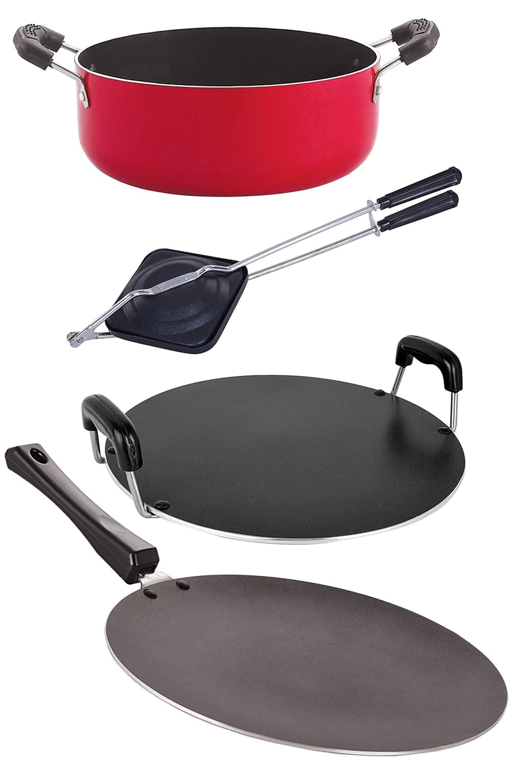 Nirlon Nonstick Cookware Pots & Pan Gift 4 Pieces Set with Bakelite Handle (1 Concave Tawa 27.5cm /1 Round Tawa 28.5cm/1 Hand Toster/1 Casserole 3.1 LTR) (CT11_RT_HT_CS24)