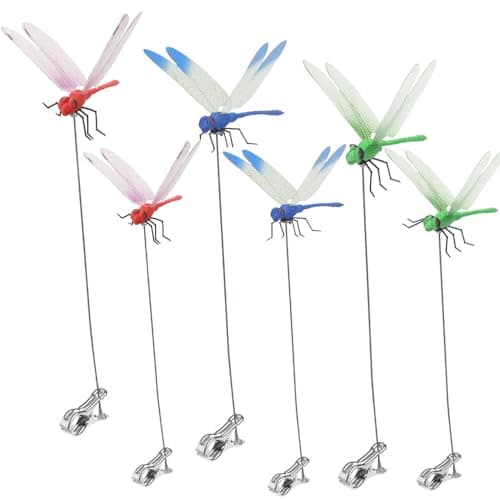 6 Pack Dragonfly Clip,3D Dragonfly Garden Stakes Decor,Fly Deterrent,Dragonfly Humming Bird Stakes,Deer and Horse,Bird and Fly Scare Devices for Indoor Outdoor Garden