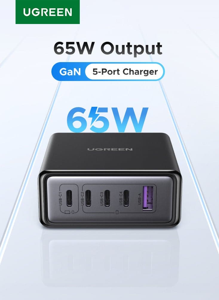 65W GaN Desktop Charger with 5 Ports (4USB-C+1USB-A), PD3.0 PPS QC4+ Fast Charging Station for MacBook Pro/Air, iPad, iPhone 16/15, Samsung Galaxy S24/S23, Huawei Mate/P Series, Xiaomi - Multi-Device Charging Hub for Home Office Travel 65W 4C1A