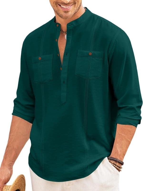 Macsivo Cotton Blend Solid Casual Short Kurta for Men Long Sleeve Mandarin Collar Stylish Shirt Kurta for Men Green