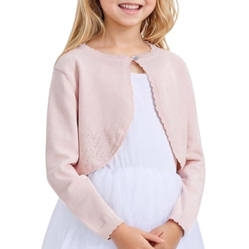 CUNYI Girls Sparkle Bolero Cardigans Long Sleeve Cropped Cardigan Crewneck Shrug for Dresses Lightweight Knit Sweater Elegant, Light Pink 160