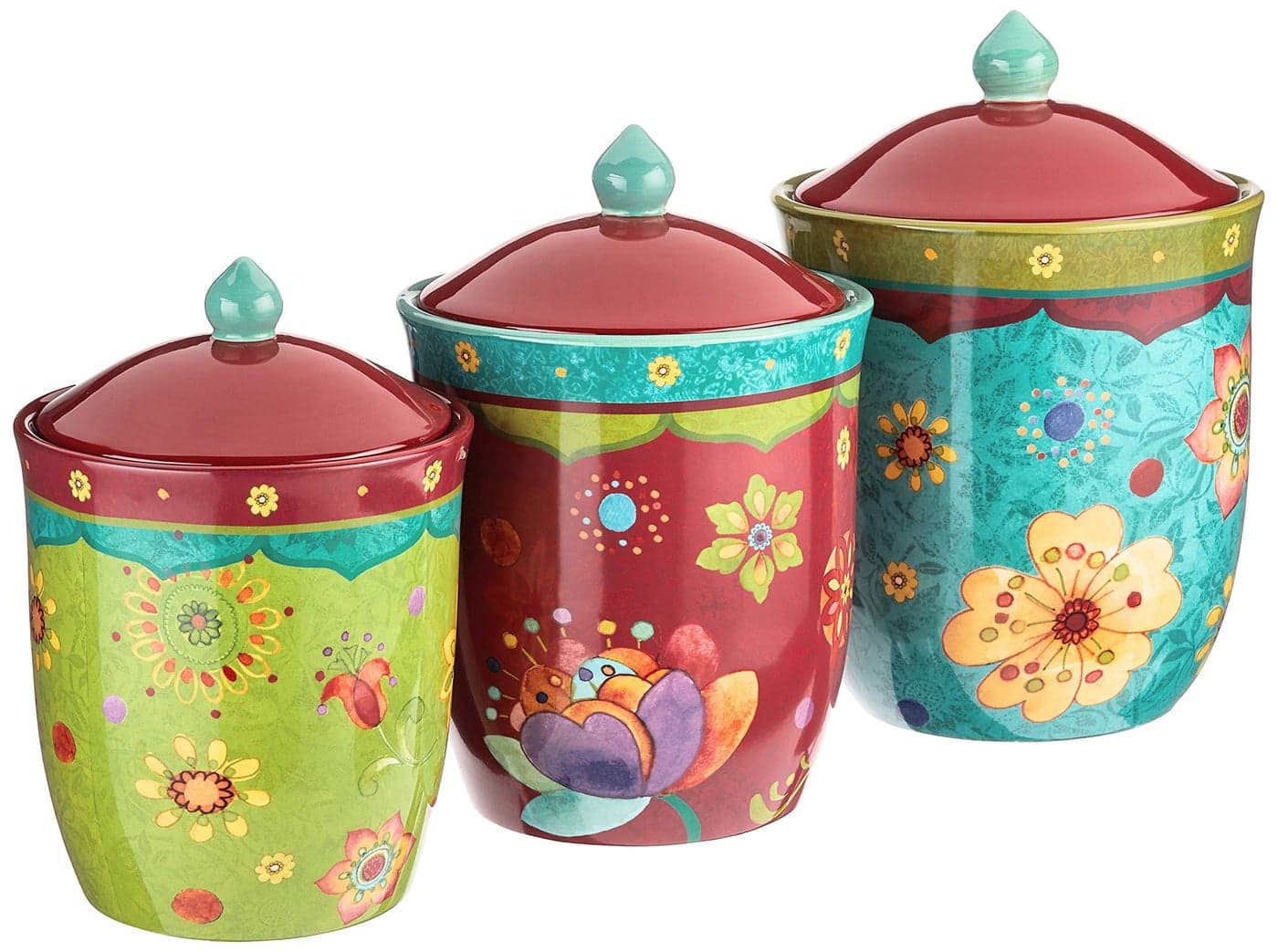 Tunisian Sunset 3Piece Ceramic Canister Set Colorful Floral Kitchen Storage Jars with Lids Includes 104 oz 72 oz and 54 oz Sizes for Flour Sugar Coffee Dry Goods