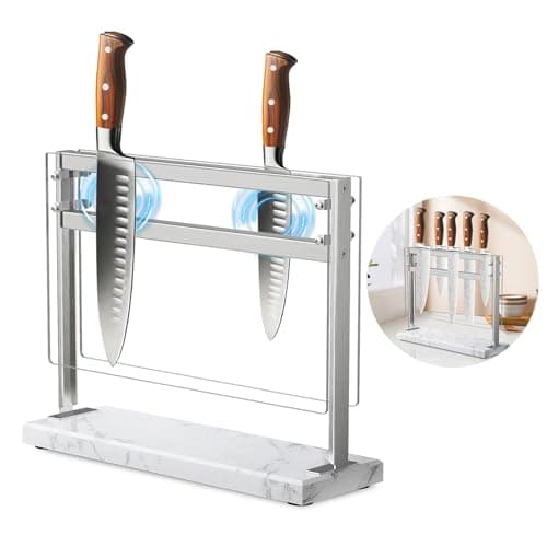 HomeSimplex Acrylic Shield Magnetic Knife Block Holder - Marble Base Magnetic Knife Stand for Counter Top -Double Sided Magnetic Knife Holder -Stainless Steel Kitchen Knife Block without Knives -White