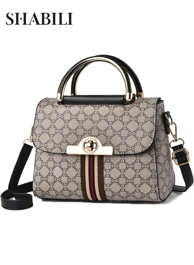 Women’s PU Leather Plaid Satchel Handbag, Ladies Small Top-Handle Shoulder and Crossbody Purse with Removable Strap, Lightweight Fashion Messenger Bag for Work, Shopping, Travel and Daily Use (Grey)