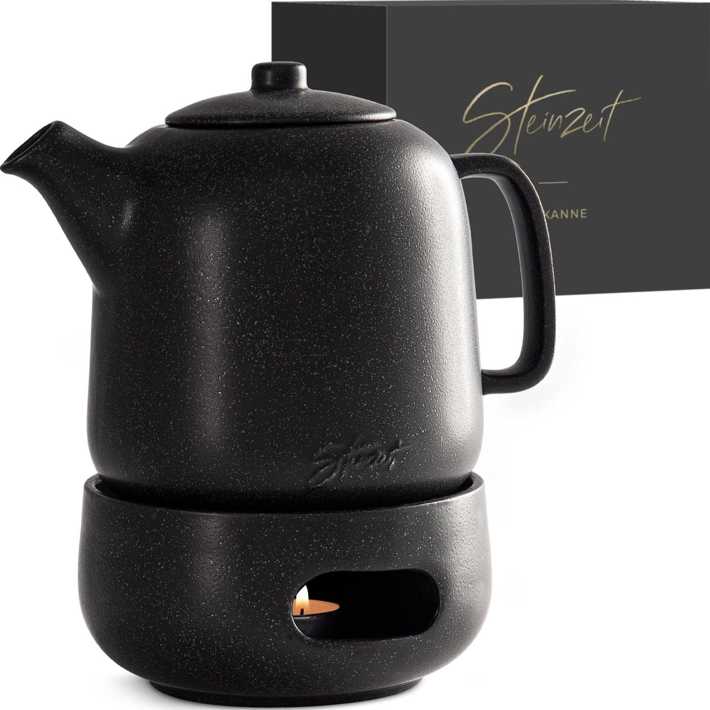 Steinzeit Design Tea Pot with Warmer 44 oz Premium Ceramic Teapot with Infuser for Loose Tea Black Teapot Ceramic with Removable Steamer