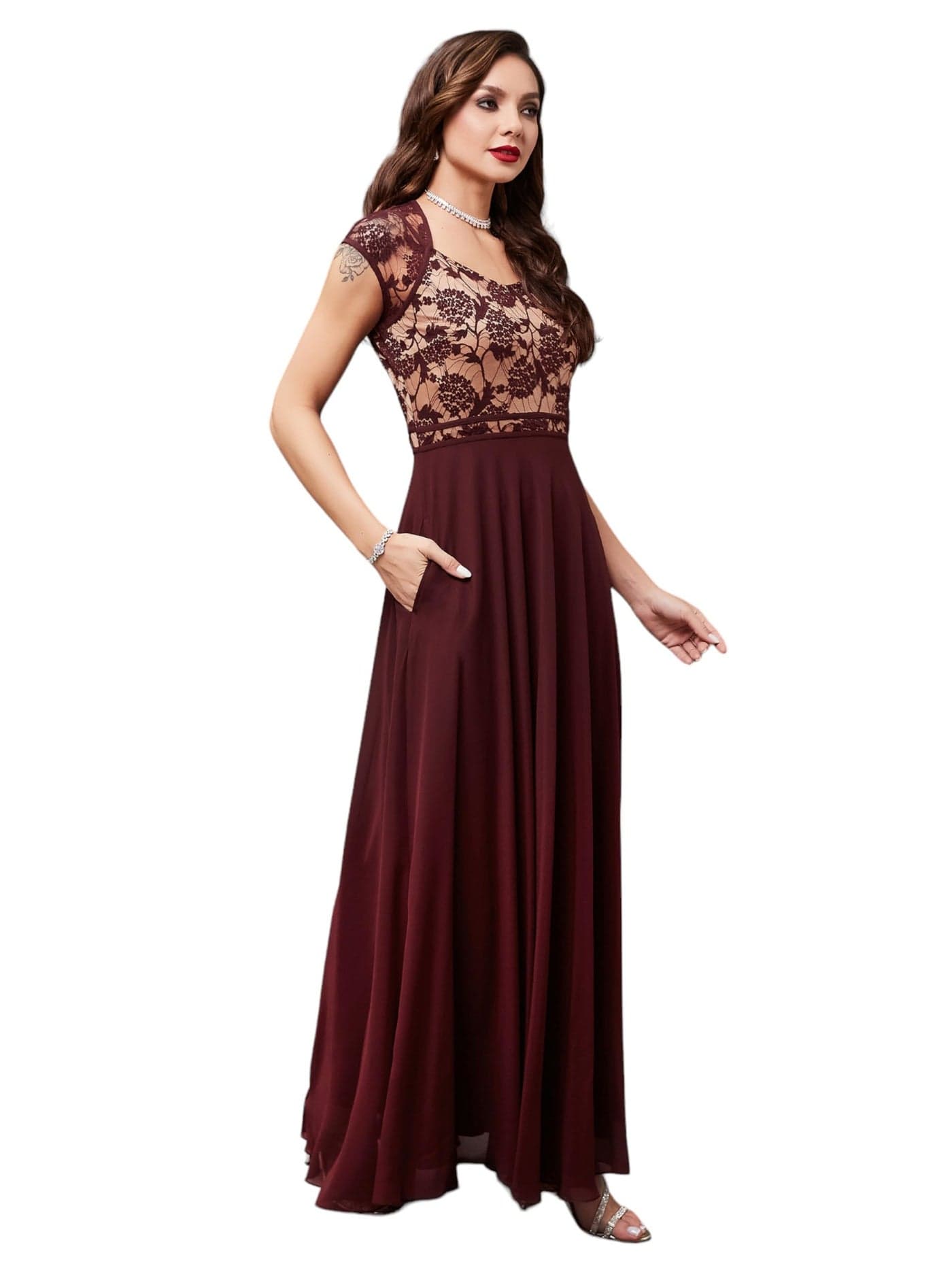 Miss Chase Women's V-Neck Cap Sleeves Lace Overlaid Fit & Flare Maxi Dress with Pockets (Plus (MCSS24D97-12-603-09, Wine & Beige, 4XL)