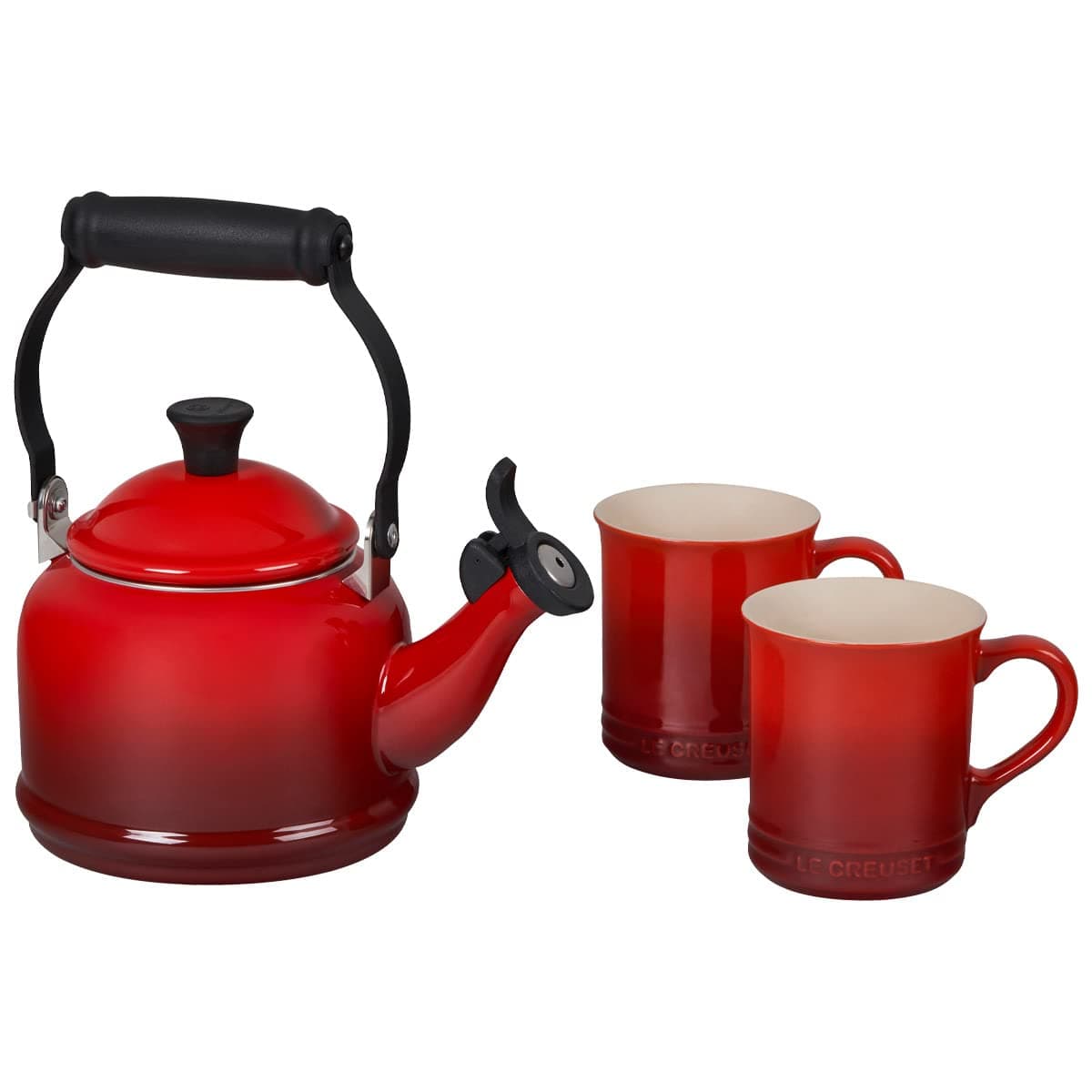 Le Creuset Enamel On Steel Demi Kettle Stoneware Set of 2 Mugs 125 qt Kettle 2 14 oz Mugs Cerise