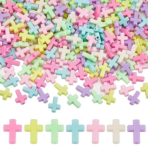 SUNNYCLUE 300Pcs Cross Beads Bulk Colorful Acrylic Mini Small Macaron Color Pocket Quilt Crosses Tiny Plastic Easter Crucifix Loose Spacer for Jewelry Making DIY Beading Supplies