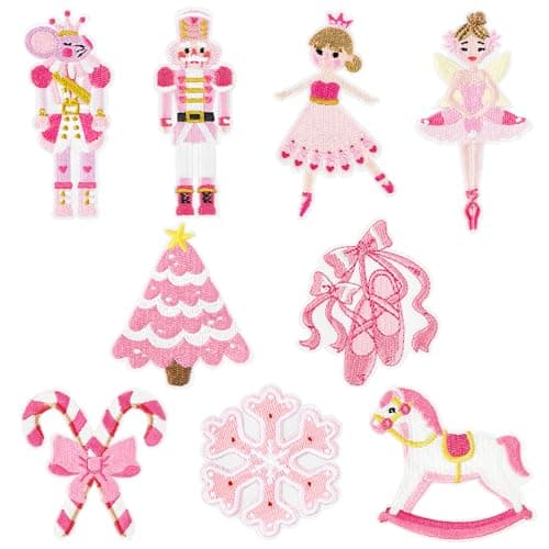 9 Pcs Nutcracker Ballerina Iron on Patches Pink Christmas Soldier Ballet Fairy Sew on Repair Embroidered Applique Merry Xmas Winter Holiday Seasonal DIY Crafts Gift for Clothing Backpack Hat Costume