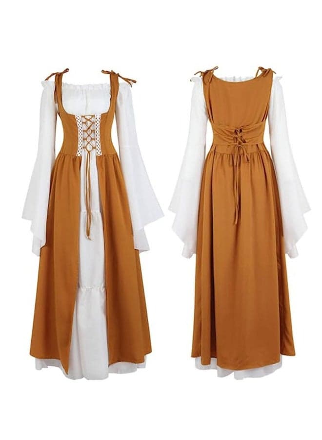 Womens Renaissance Medieval Irish Overdress with Trumpet Sleeves and Chemise Boho Set Birthday Party Cosplay Gift