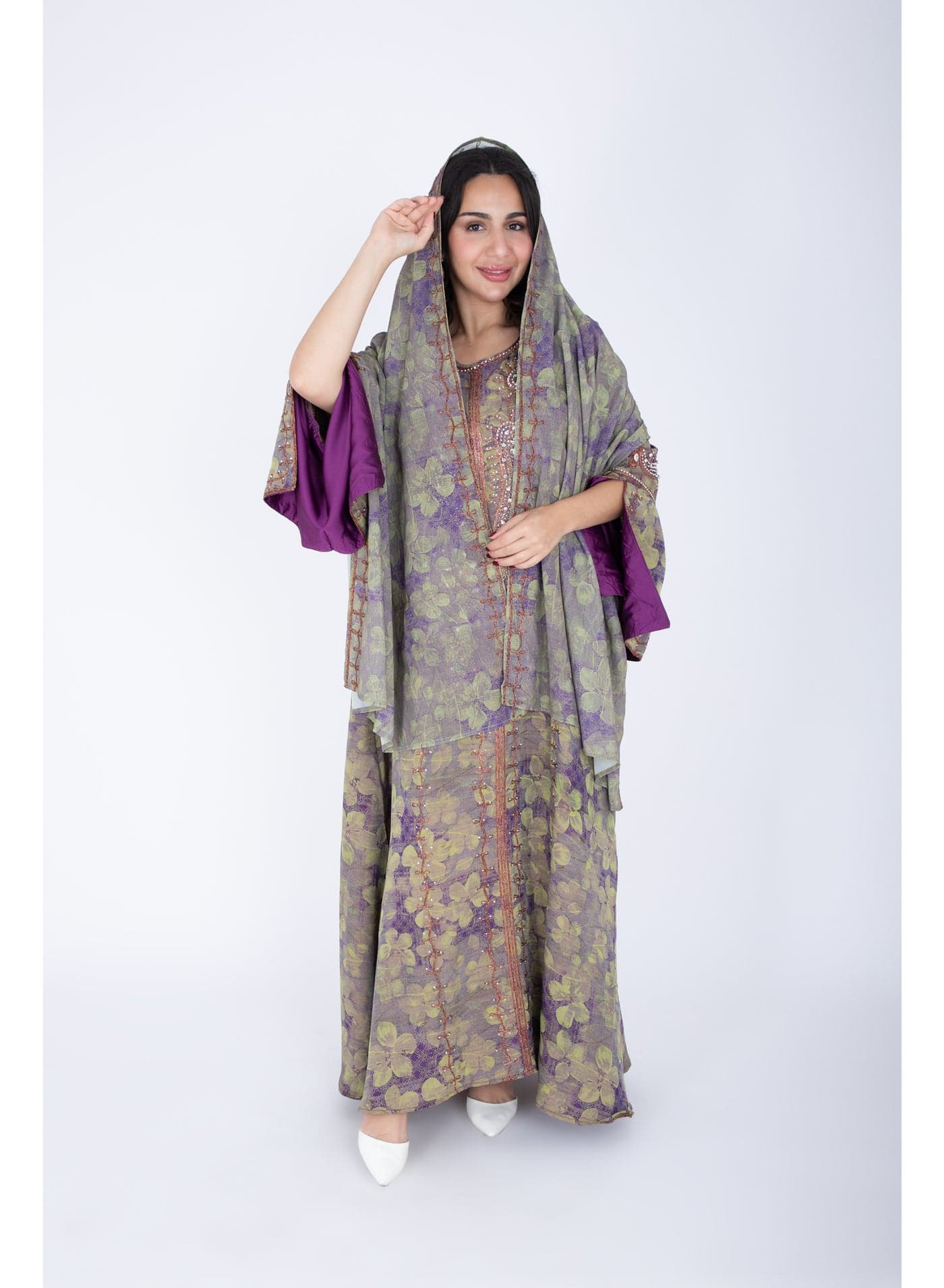 Printed Jalabiya Crystal Patterns with Shawl