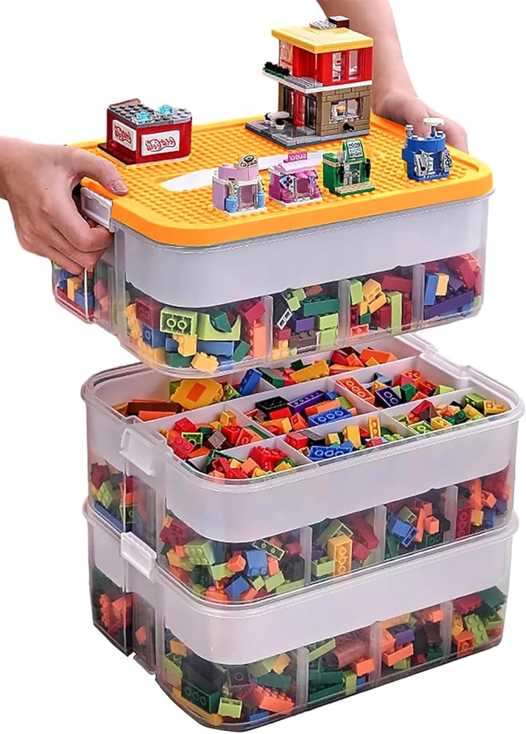 Kids Toy Organizer for Lego Stackable Storage Compartments Bins With Base Plates Lids 3 Tiers Clear Building Bricks Board Game Puzzle Boxes Plastic Craft Sorting Separator Travel Chest Case