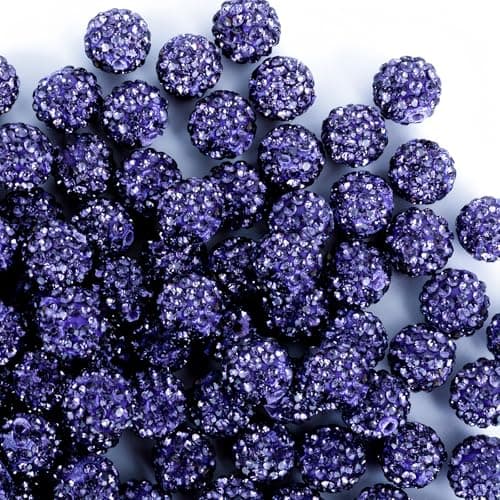 10mm Clay Rhinestone Beads for Bracelets 100 Pcs Sparkle Crystal Beads for Jewelry Making Glitter Round Shamballa Disco Ball Design for DIY Crafts Necklace Earrings Decoration Purple