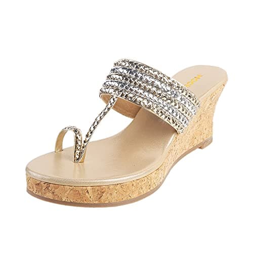 Mochi Women's Gold Synthetic Ethnic Slip Ons | Braided Design Wedge Heel Slip-On Shoes for Women | Light Weight Metallic Traditional Footwear | Fashion Sandals | Size UK 6 | Premium Ethnic Slip Ons