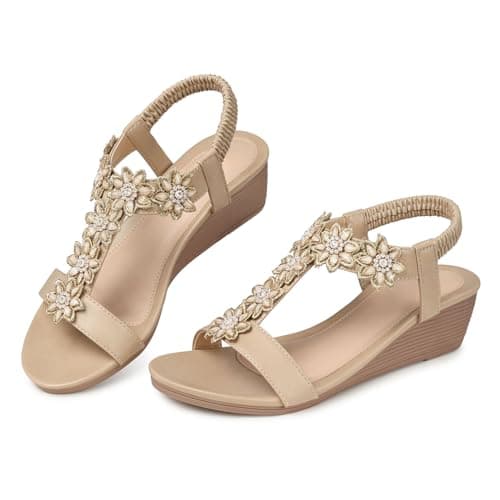 SHIBEVER Wedge Sandals for Women Dressy: Summer Platform Boho Flower Dress Sandals - Comfortable Low Wedges Womens Sandal Beige Size 8.5