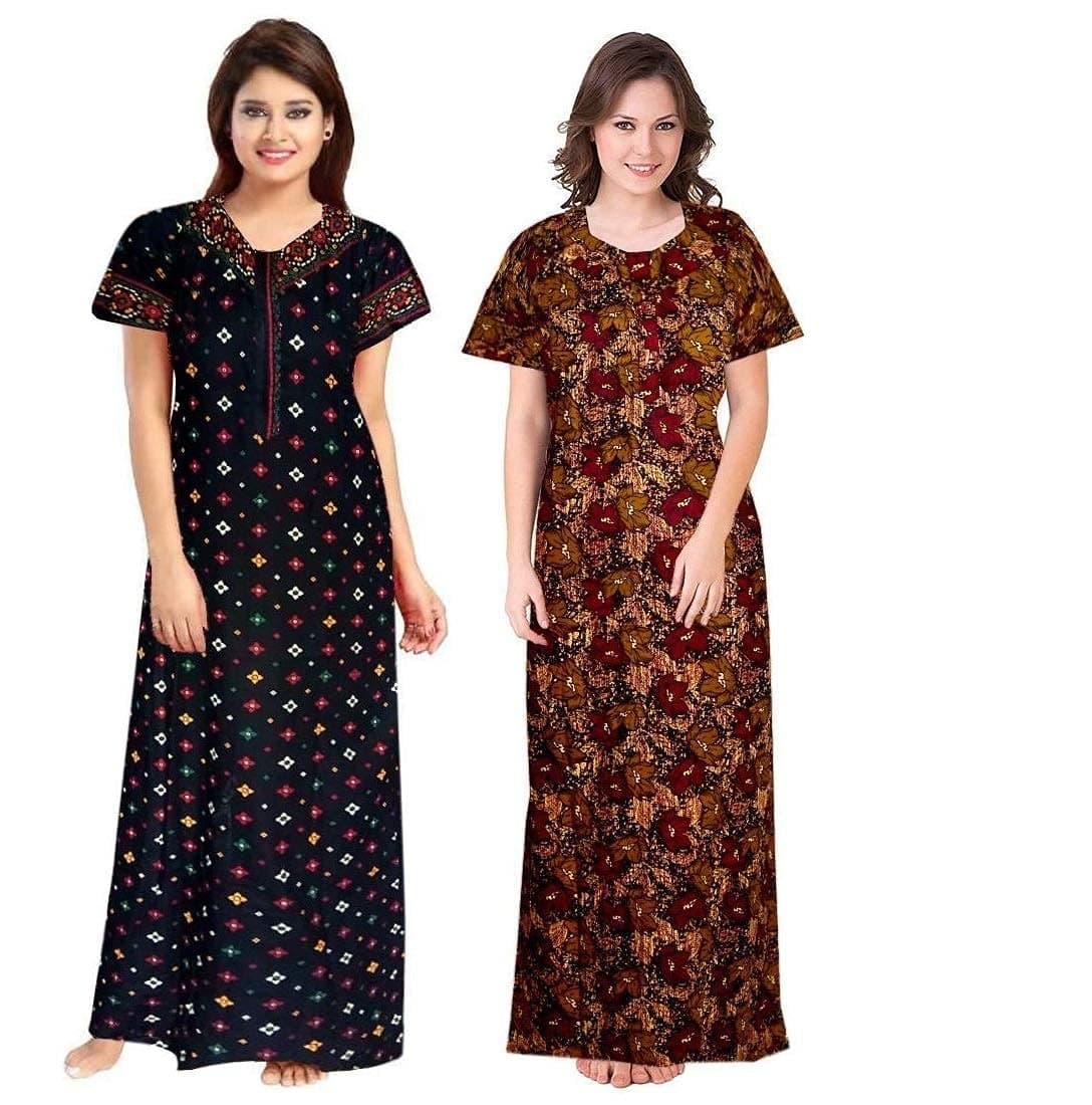 NEGLIGEE Women's Cotton Printed Maxi Nightgown Nighty for Women Ankle Length Night Dress - Pack of 2 (Free Size, Blue&Brown)