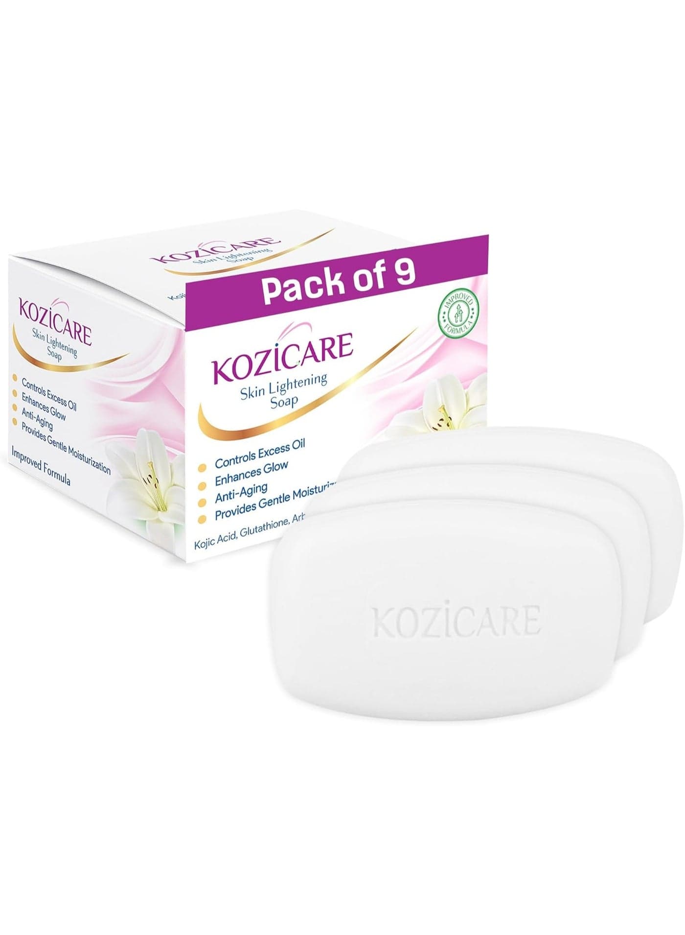 Healthvit Kozicare Kojic Acid Soap & Glutathione | Skin Whitening Body Tan Removal Bath For Men Women Remove Dark Spots Hyperpigmentation Glowing - Pack Of 9