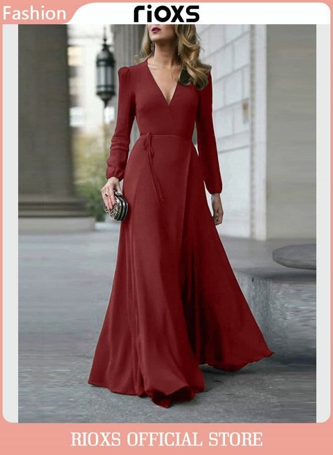 Women's Elegant V Neck Long Dress Long Sleeve Party Wedding Maxi Dress For Special Occasions