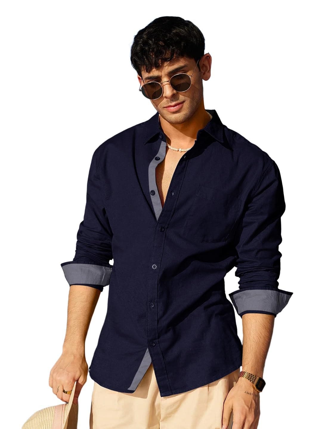 Pinkmint Casual Shirt for Men Stylish Men's Shirt Soild Regular Fit Long Sleeve Formal Wear Navy Blue