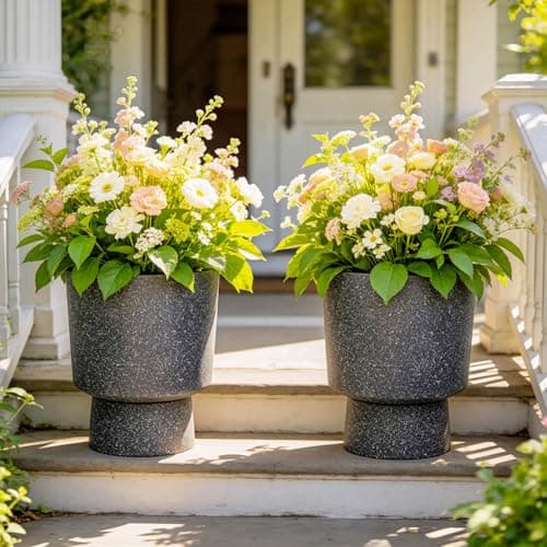 Ultym 16.8" Large Planters Set of 2 Modern Pedestal Plant Pots with Drainage Hole, Durable Plastic Flower Pots w/Terrazzo Finish, Weather-Resistant for Garden Patio Balcony Home Outdoor Indoor Decor