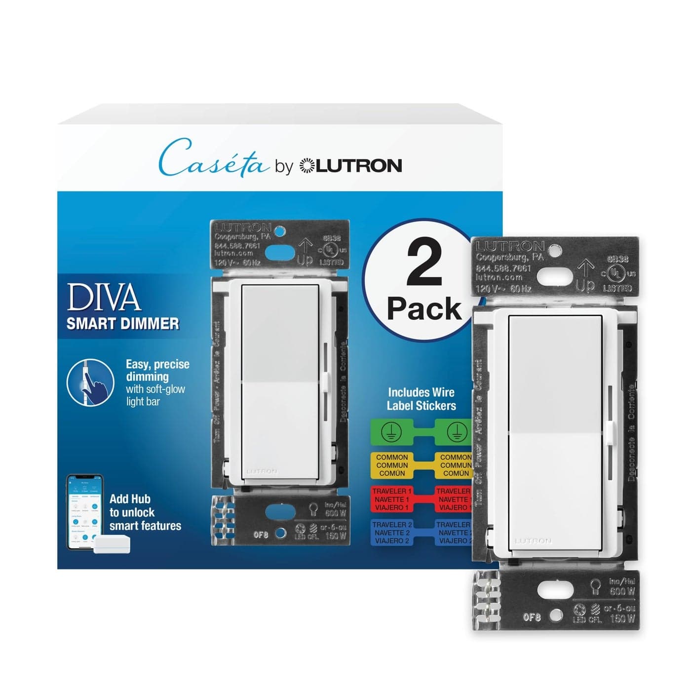 Lutron Diva Smart Dimmer Light Switch for Caseta Lighting Lutron Smart Hub Required for LED Lights 150W SinglePole3Way No Neutral White 2 Pack DVRF6LSWH2