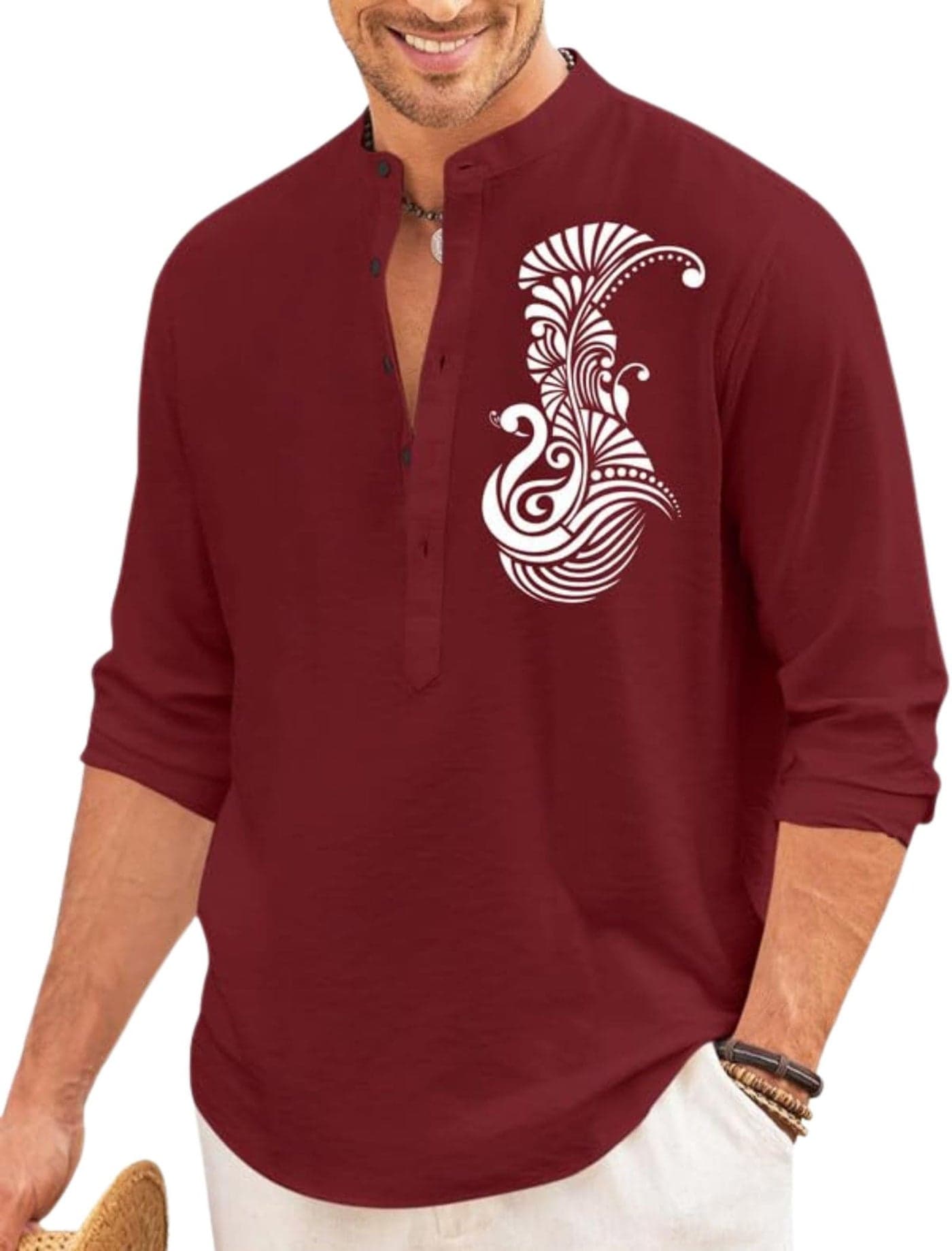 FINIVO FASHION Men’s Printed Cotton Blend Short Kurta with Artistic Chest Design | Stylish Full Sleeve Casual Kurta with Mandarin Collar for Daily, Travel Soft Textured Maroon