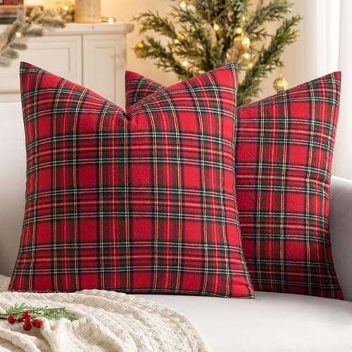 MIULEE Christmas Set of 2 Scottish Tartan Plaid Throw Pillow Covers Farmhouse Classic Decorative Outdoor Square Cushion Cases for Home Decor Sofa Couch 20x20 Inch Red