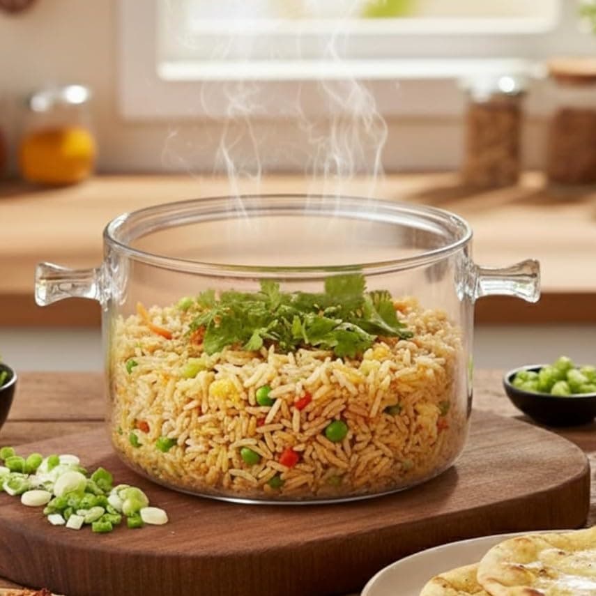 The Better Home Zeno Borosilicate Glass Cookware For Gas Stove (1.7L) | Tope with Lid & Handle | Handi for Serving | Microwave Safe | Biryani Cooking Pot | Glass Cooking Pot |Non Induction Base (Grey)