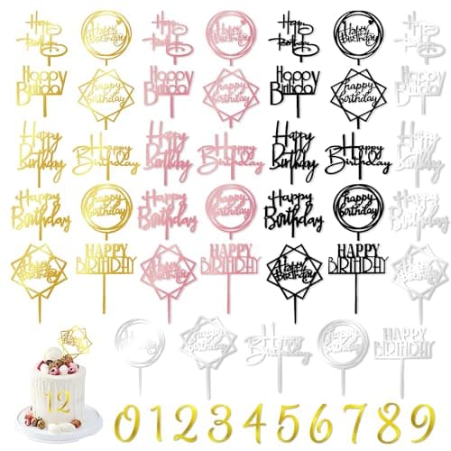 50 PCS Acrylic Happy Birthday Cake Topper Gold Black Pink Silver Cake Topper Pick for Birthday Cake Decorations 4 Colors